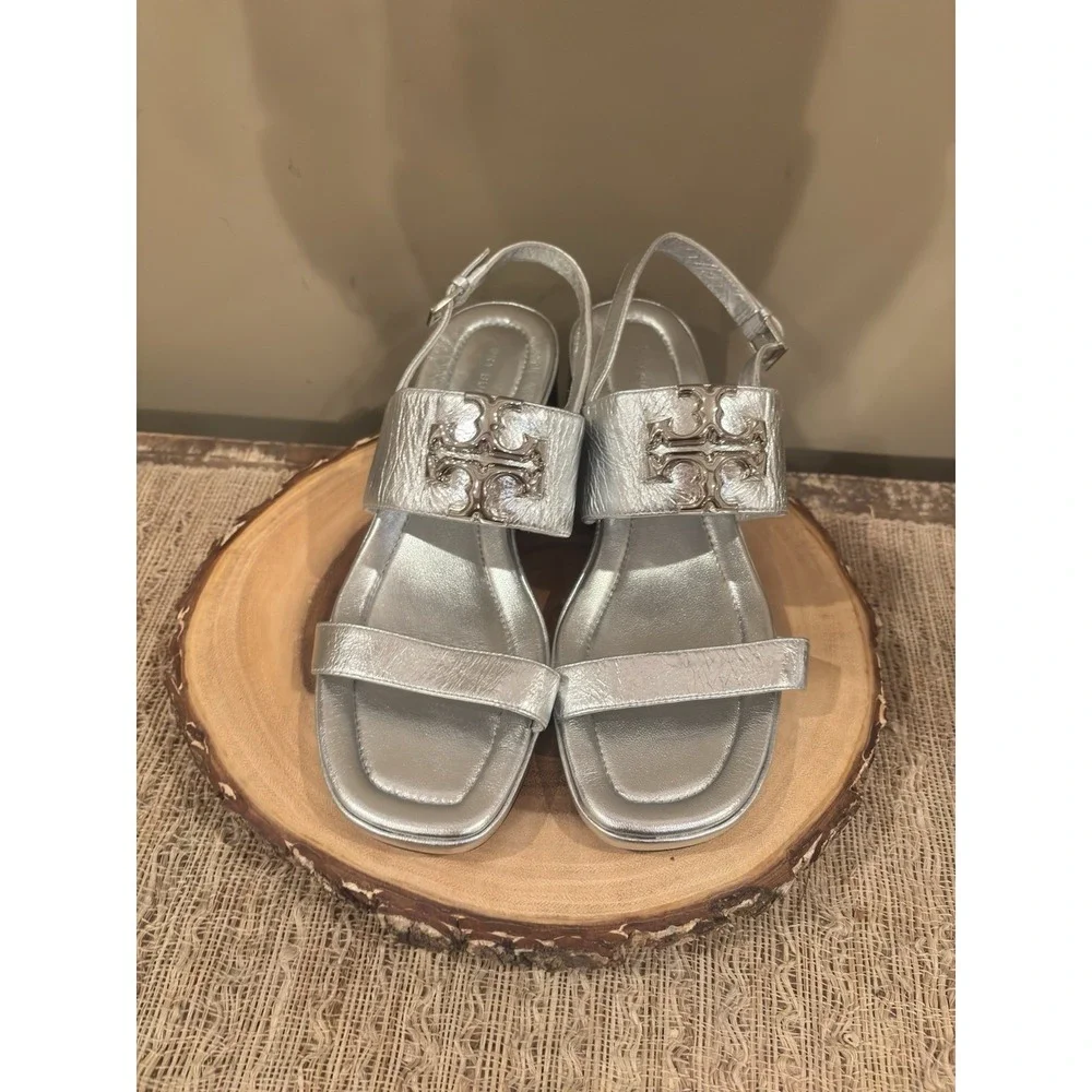 TORY BURCH METALLIC‎ Silver LEATHER Eleanor Block HEEL Sandals 7.5 349$